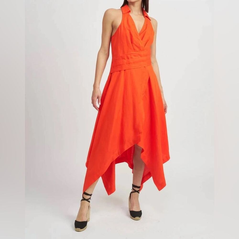 En Saison Vibrant Orange High Low halter linen Dress large